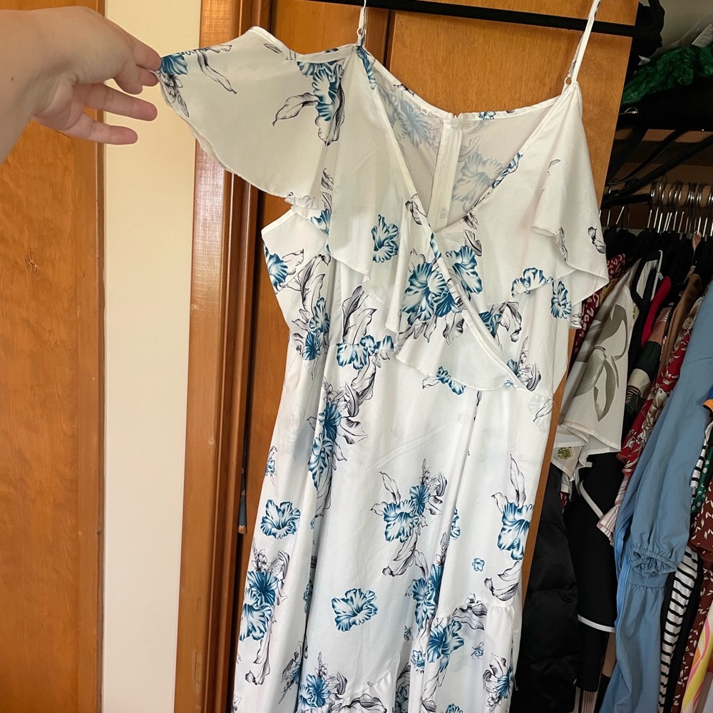 White and blue floral mid length dress